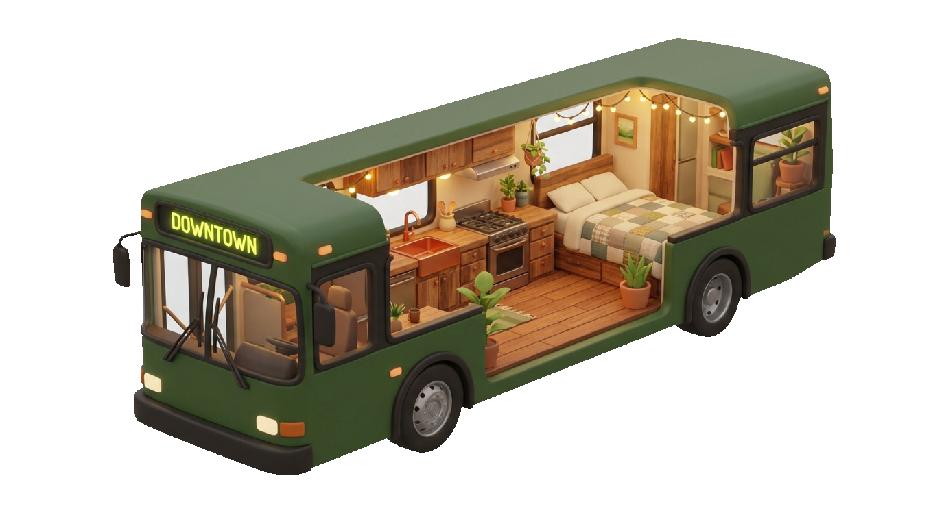 A retired transit bus converted into a home, cut away to show the interior