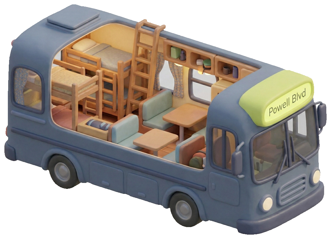 Inside Headway — A family hauler with two bunks, a convertible dinette, and a roof deck where you climb out the old escape hatch.