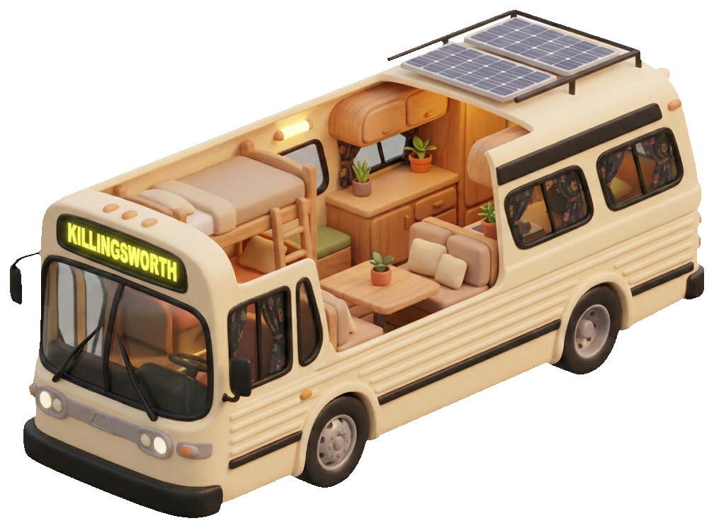 Inside Linework — Bunk-over-cab for the kids, a fold-flat dinette, and off-grid solar on the roof where the AC unit used to bolt down.