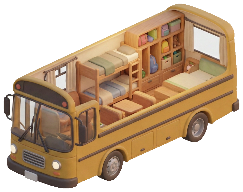 Inside Request Stop — A compact two-plus-one with a fold-down kid's bunk and a gear garage where the rear door used to fold open.