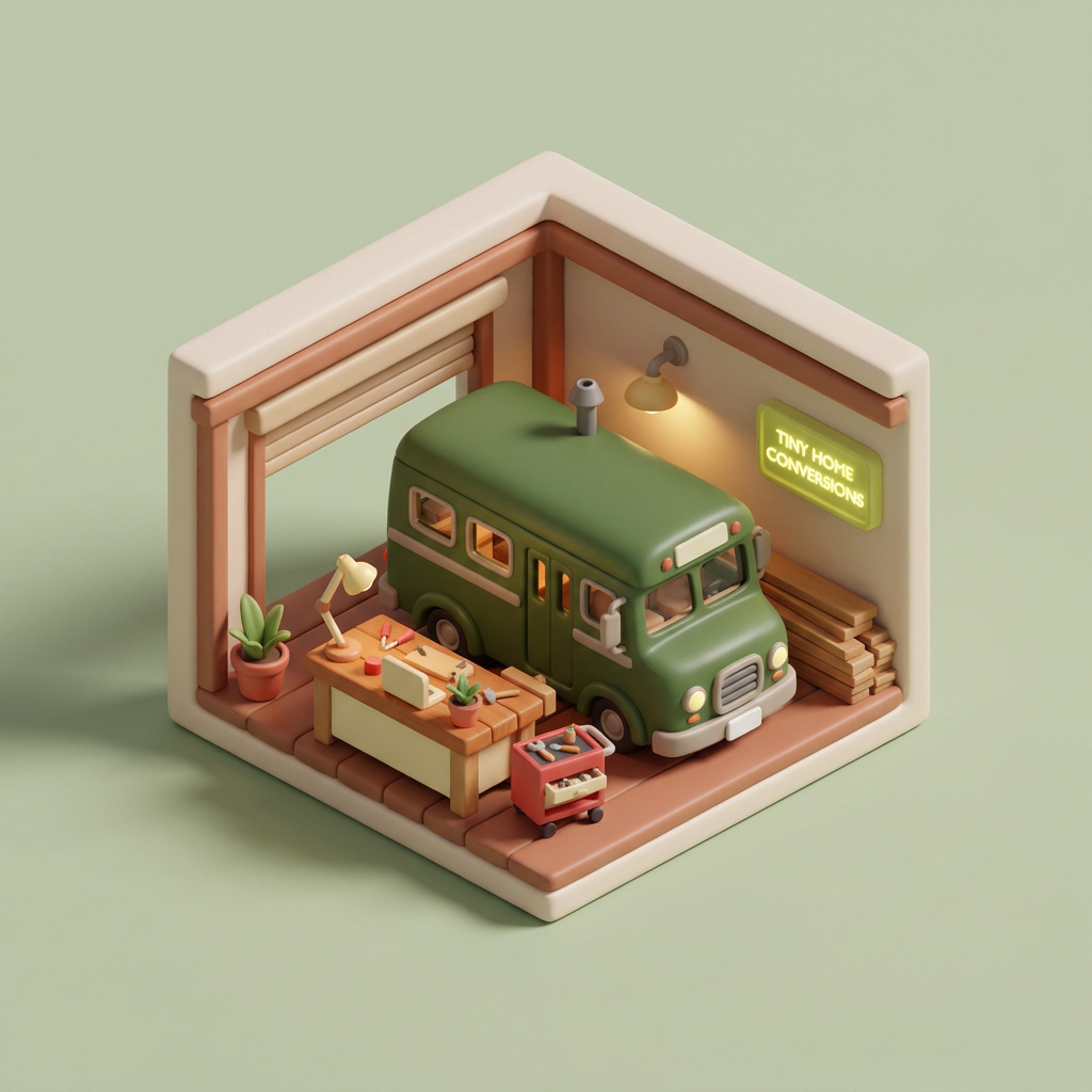 The Bus Conversions workshop — a transit bus mid-build inside the shop
