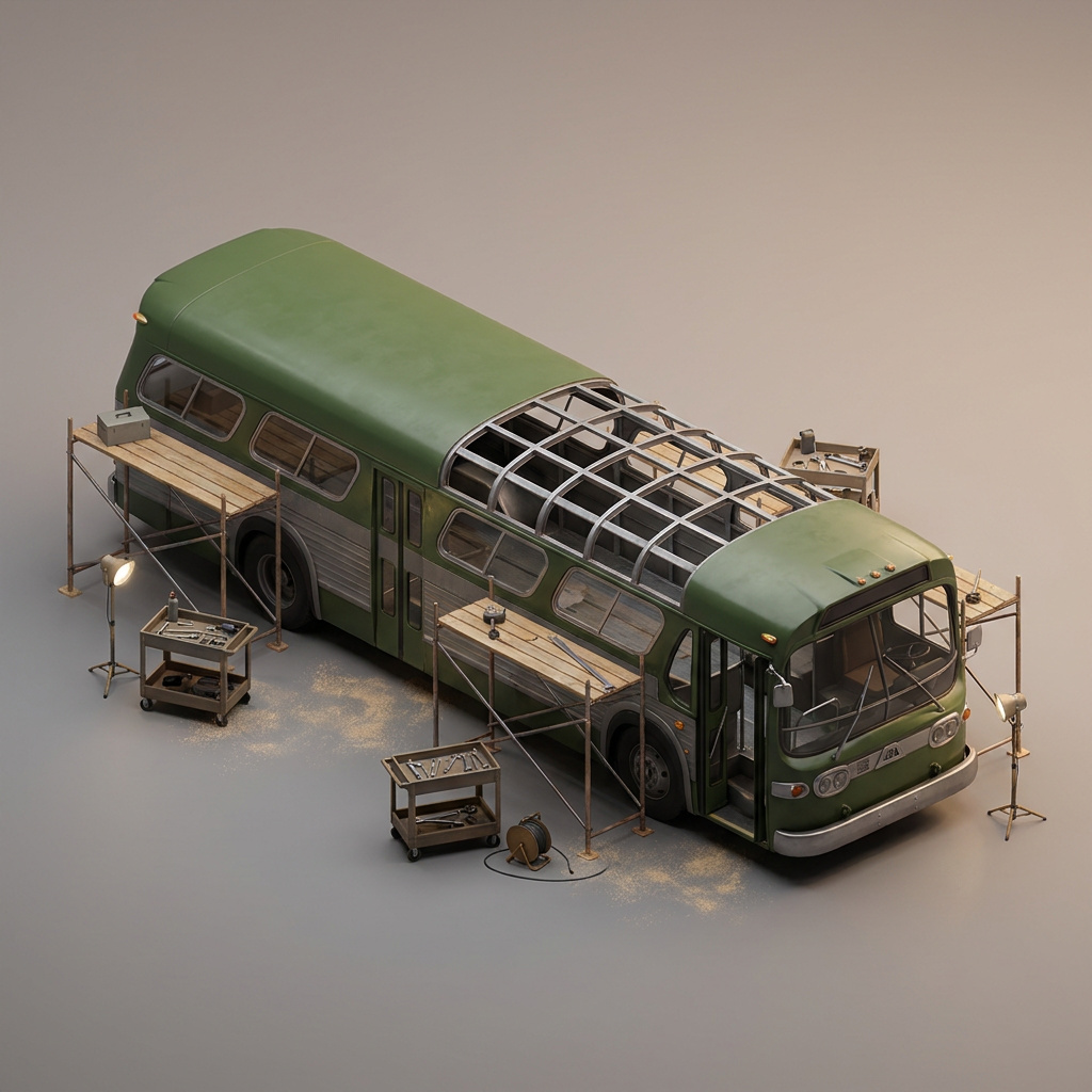 The first Gillig, mid-teardown in the Portland shop