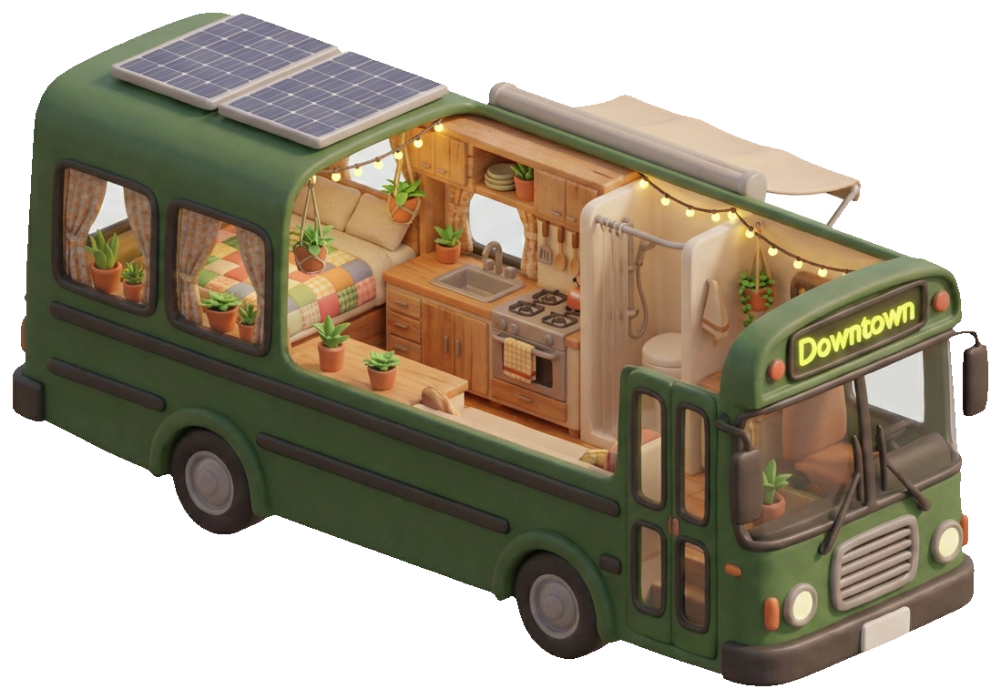 Inside The Cascadia — Reclaimed-fir galley, a wet bath behind the old farebox wall, and the destination sign rewired to glow above the bed.