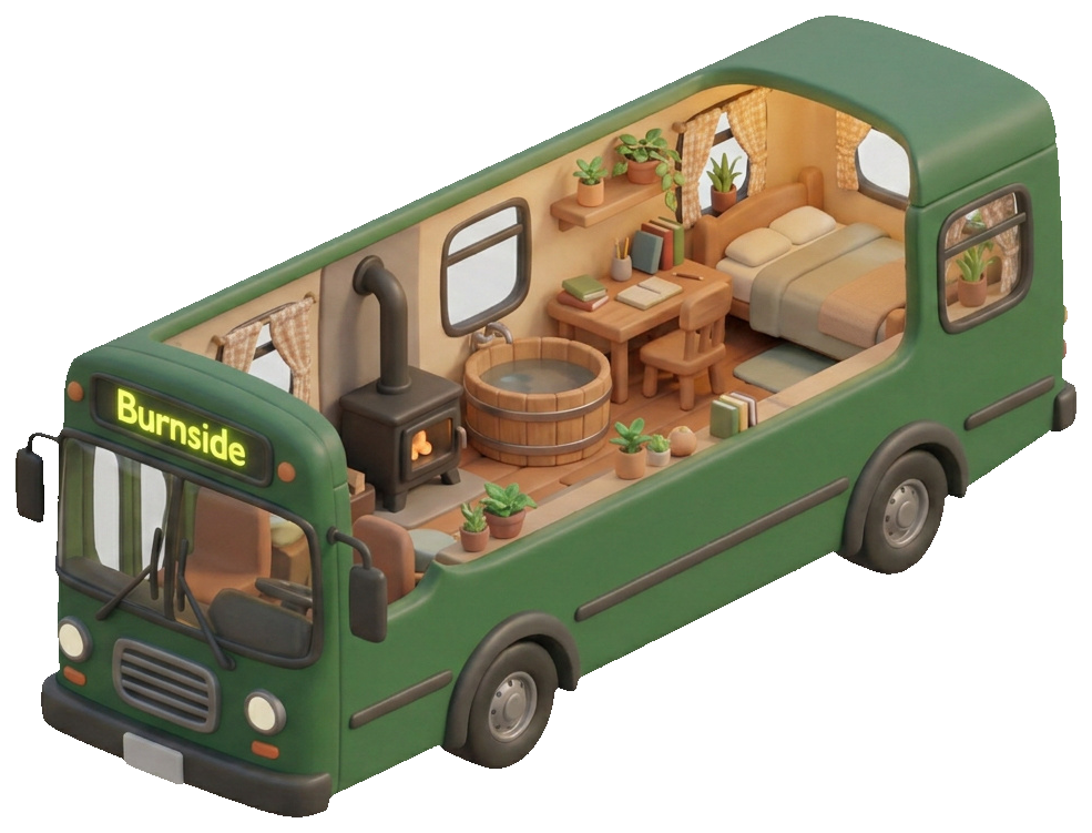 Inside The Fareless — A wood-stove corner, a soaking tub over the rear axle, and the original Burnside blind framed above the desk.