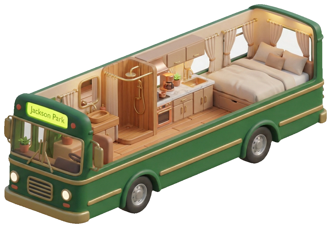Inside The Terminus — Top of the line — heated fir floors, a full wet bath in teak, and the Jackson Park blind glowing over a marble-top galley.