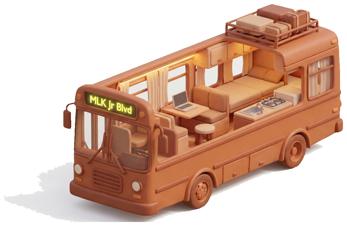 Inside Transfer — Convertible everything — a dinette that's a bed, a desk that's a table, built for two who work from the road.